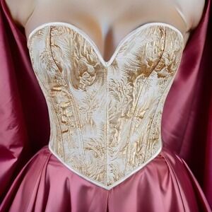 New Small Ivory Gold Metallic Jacquard Lace Up Sweetheart Corset Bustier Regency
